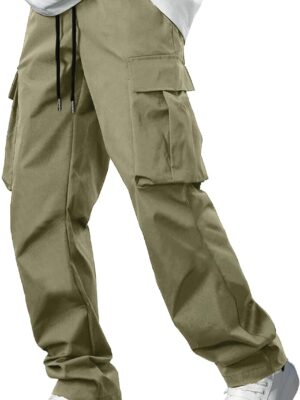Men's Casual Cargo Pants Workout Joggers Stretch Sweatpants Hiking Drawstring Tactical Pants with Multi Pockets