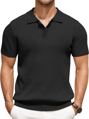 Men's Knit Shirts Short Sleeve Ribbed Knitted Shirt Summer Lightweight Casual Golf Shirts