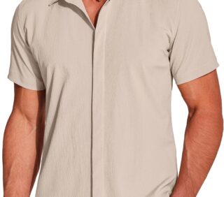 Men's Casual Short Sleeve Button Down Summer Beach Shirt Lightweight Textured Wrinkle Free Stretch Shirts