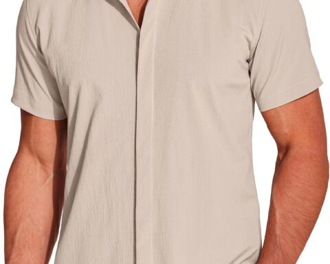 Men's Casual Short Sleeve Button Down Summer Beach Shirt Lightweight Textured Wrinkle Free Stretch Shirts