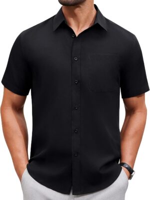 Mens Short Sleeve Dress Shirt Wrinkle Free Solid Casual Button Down Shirts for Summer Business Wedding