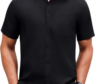Mens Short Sleeve Dress Shirt Wrinkle Free Solid Casual Button Down Shirts for Summer Business Wedding
