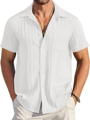 Men's Casual Button Down Shirts Short Sleeve Textured Summer Beach Shirt with Pocket