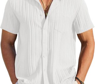 Men's Casual Button Down Shirts Short Sleeve Textured Summer Beach Shirt with Pocket