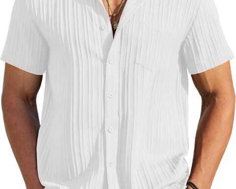 Men's Casual Button Down Shirts Short Sleeve Textured Summer Beach Shirt with Pocket