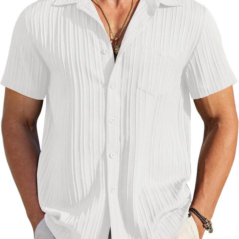 Men's Casual Button Down Shirts Short Sleeve Textured Summer Beach Shirt with Pocket