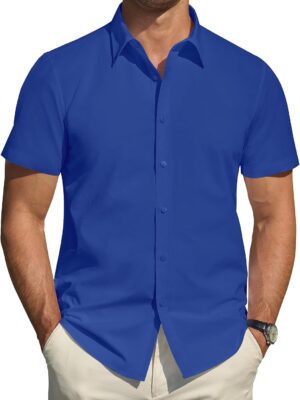 Men's Short Sleeve Dress Shirts Stretch Stain Shield Casual Button Down Shirts Solid Formal Shirt