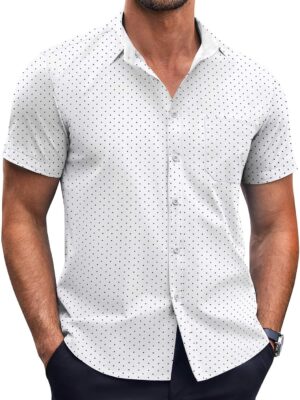 Mens Short Sleeve Button Down Shirts Wrinkle Free Dress Shirts Casual Polka Dot Print Shirt with Pocket