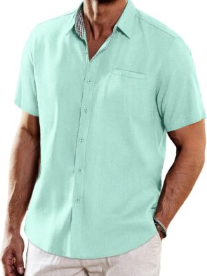 Men's Casual Linen Shirts Short Sleeve Button Down Shirt Summer Beach Tops