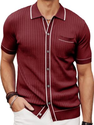 Men's Short Sleeve Knit Shirt Vintage Button Down Golf